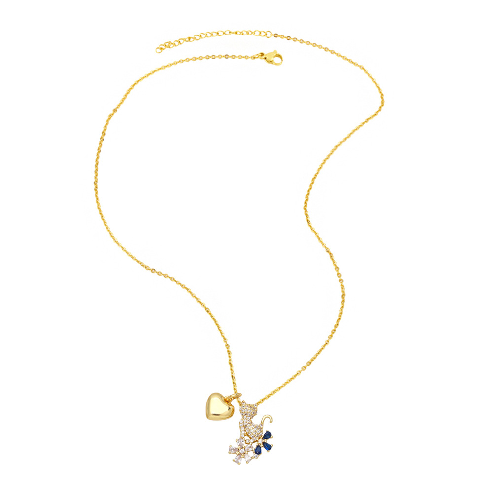 cute animal diamond-encrusted heart shape kitten puppy double pendant copper necklace collarbone cha