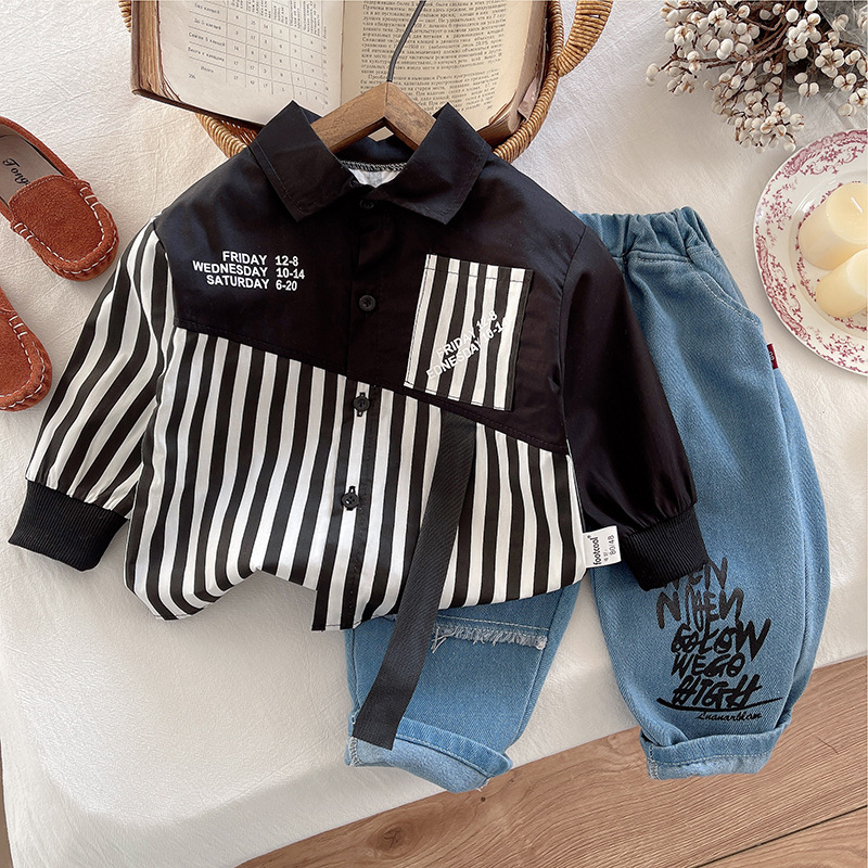 2025新款男童时尚套装小童春秋装字母条纹衬衫牛仔长裤两件套批发
