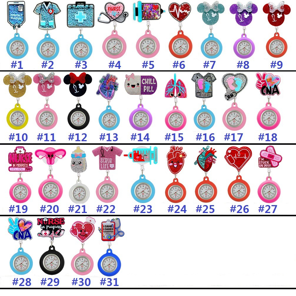 10 piezas / lote lindos dibujos animados brillante enfermera médico reloj de bolsillo insignia neutral carrete retráctil clip médico hospital