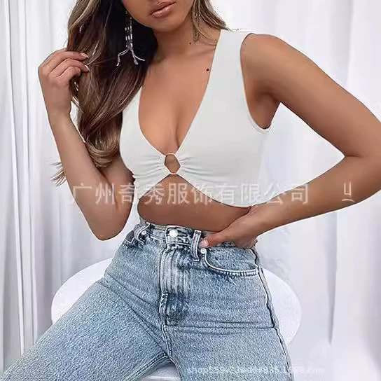 2024 Летний сексуальный укороченный топ для женщин, топ без рукавов с глубоким v-образным вырезом, однотонная майка с глубоким вырезом.