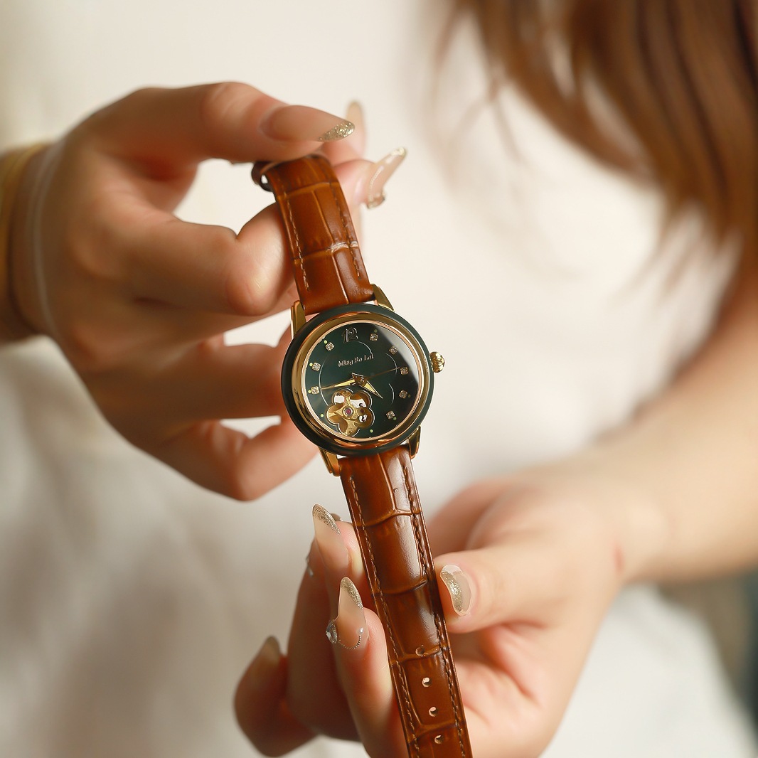Xinjiang Hetian Jade Women's Hollow Flower Watch Couple Belt Jade Watch Automatic Mechanical Watch Fashion