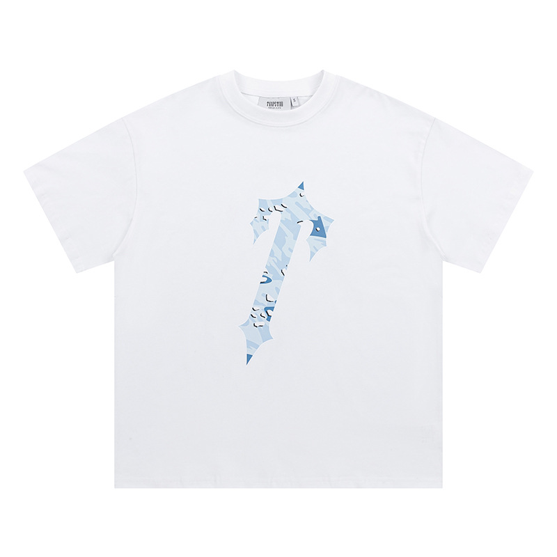 Venta al por mayor trampa gradiente letra cabeza de tigre manga corta europea y americana alta calle moda marca trampa estrella impresa camiseta suelta estrella