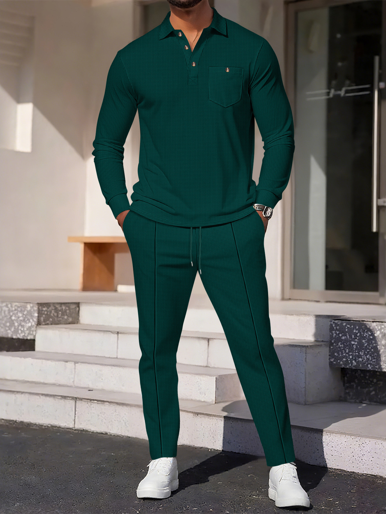 Men's Waffle Knit Shirt And Trousers Suit Casual Long Sleeve Set_voghion.com