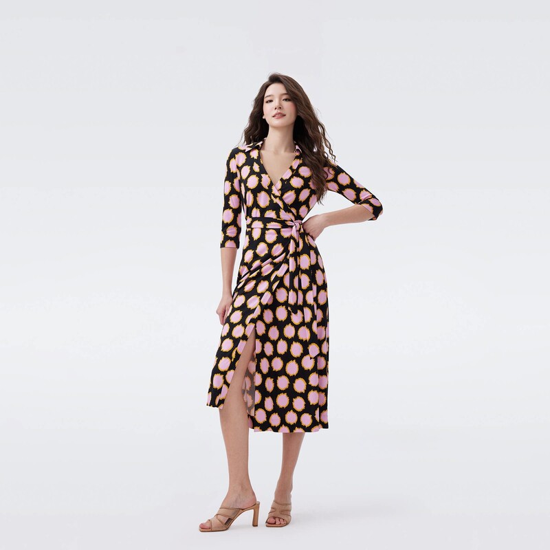 2026 Early Spring New V-Neck Holiday Ikat Polka Dot Print Wrap Dress with Hip-Hugging Tie, Mid-Length Dress