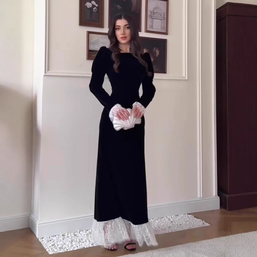 跨境欧美外贸女装2025秋季新款气质优雅长袖金丝绒连衣裙收腰长裙