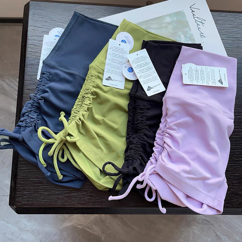NUF Lycra Naked Yoga Shorts Pleated Drawstring Fitness Shorts No Embarrassment Line Sports Cycling Peach Shorts