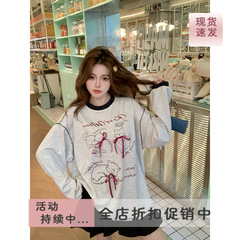 现货实拍春秋新款设计感纯棉薄款明线撞色拼接蝴蝶结卫衣女长袖X