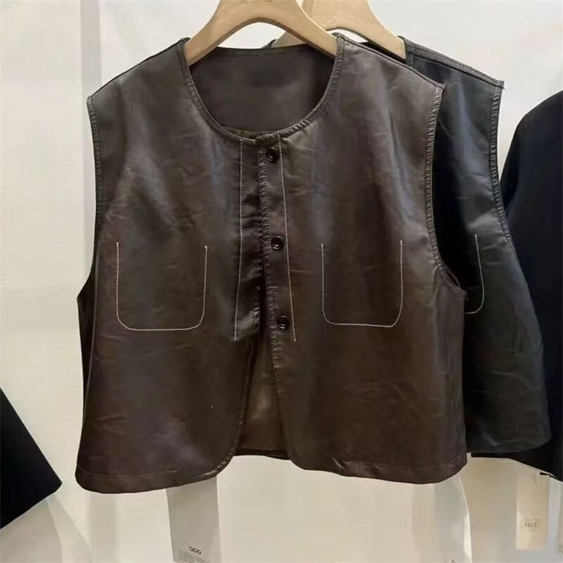 2026 New Style Leather Vest Round Neck Single-Breasted Pu Leather Vest Jacket for Women Spring and Autumn New Design 2026 New Style Leather Vest Round Neck Single-Breasted Pu Leather Vest Jacket for Women Spring and Autumn New Design