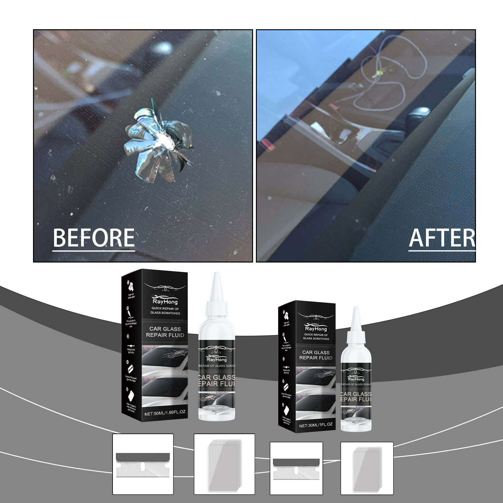 Состав для ухода за автостеклом RAYHONG: клей-нанолюмин Glass Nano Quick Repair Liquid Crack Glass Care Glue 1116