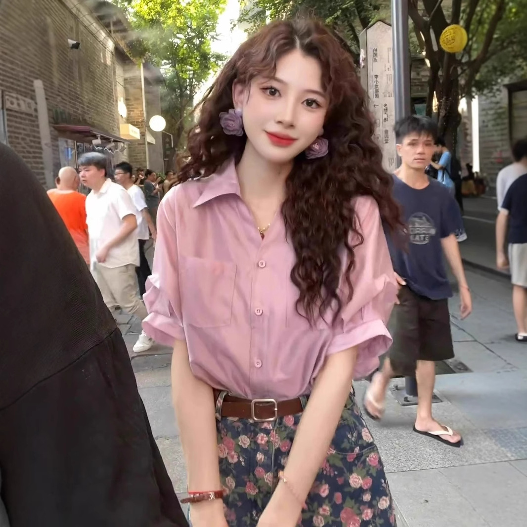 프렌치 부르고뉴 핑크 반팔 쉬폰 셔츠 여성 2025 신작 여름 셔츠 하이 엔드 퍼프 슬리브 탑