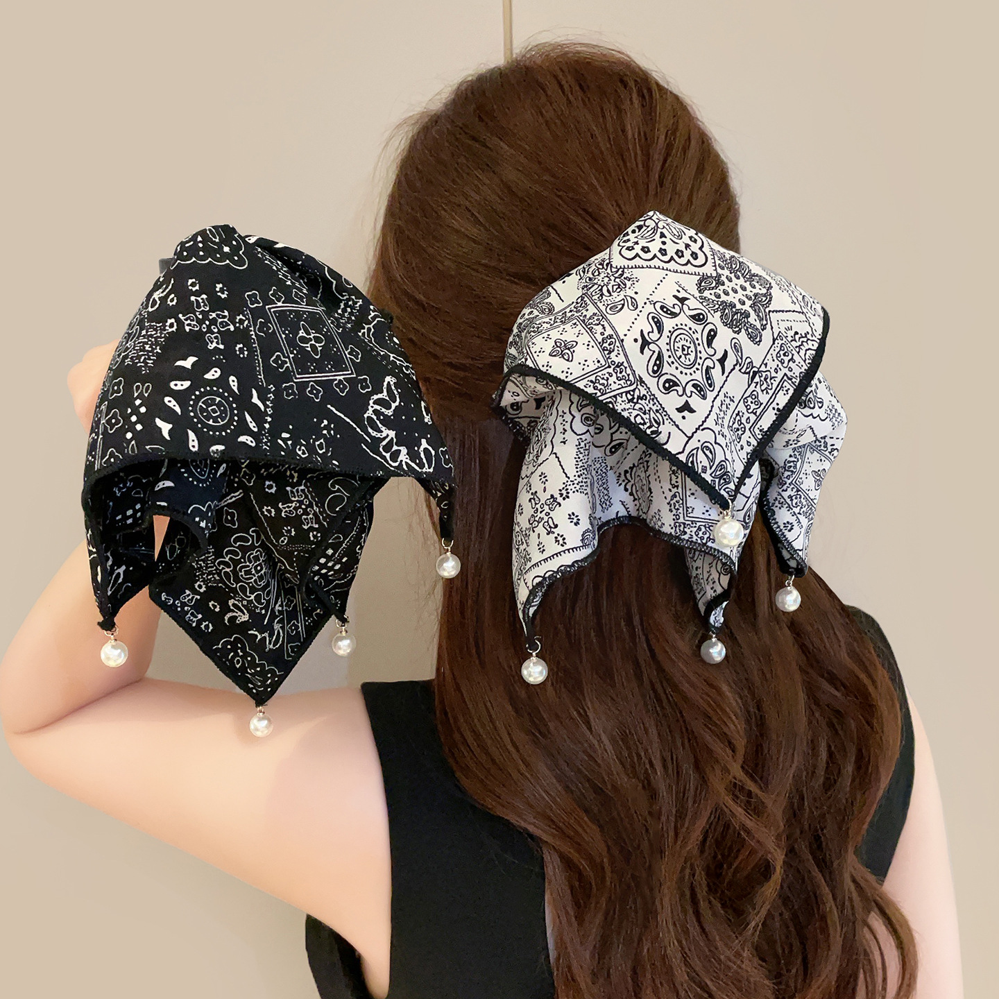 Korean-Style Light Luxury High-End Square Scarf with Pearl Pendant Hair Clip, New Back-Of-Head Bun Shark Hair Clip for Women