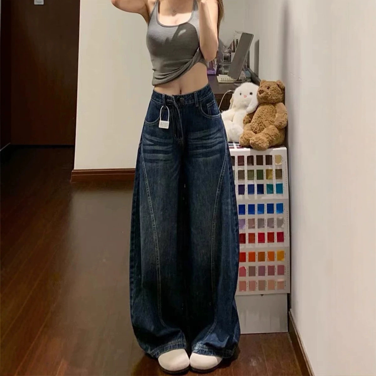 大码复古美式牛仔裤女秋mm梨形身材宽松高腰显瘦直筒阔腿裤子现货