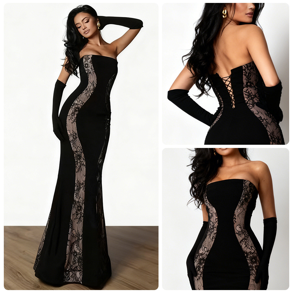 Cross-Border 2025 Elegant Fishtail Skirt, Tube Top Skirt, Lace Slim Fit Hip-Hugging Long Skirt, Retro Long Banquet Evening Dress