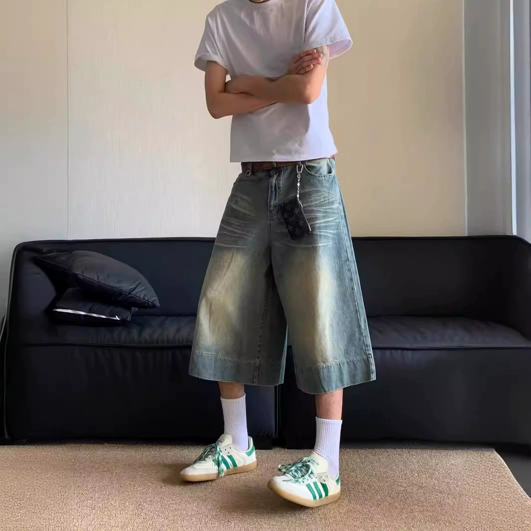 Внешняя торговля 2024 американский ретро широкие ножки 7 очков джинсы летние ретро стирки прямые джинсовые брюки мужские шорты