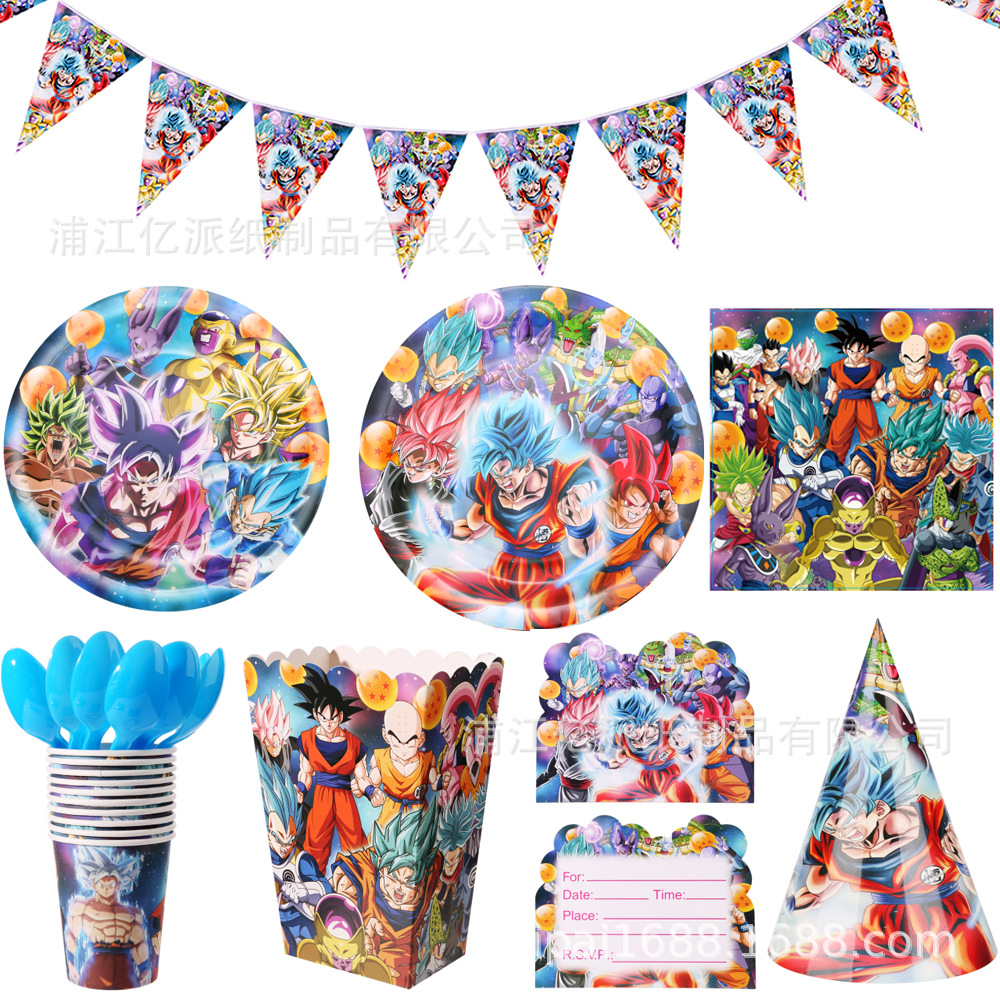 Nuevos siete bolas de dragón fiesta decoración atmósfera decoración prop bandeja de papel tazas de papel toallas de mesa set de cubiertos desechables