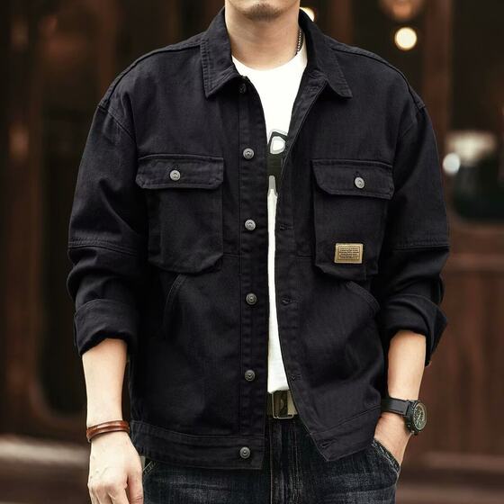 High-grade workwear jacket men's spring and autumn fashion brand loose American retro lapel jacket multi-pocket casual ruffle handsome