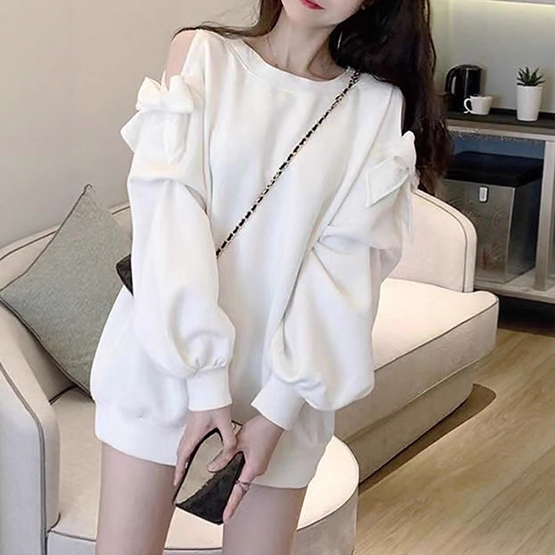 Bow Long-Sleeved Off-Shoulder Sweatshirt Women's Spring and Autum Thin Large Size Hoodless Ins Style Sexy Design Top