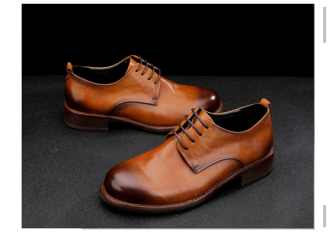 Chaussures en cuir à lacets pour hommes, semelle extérieure en cuir, tête ronde, décontractées, couche de tête, cuir de vache, couleur unie_voghion.com