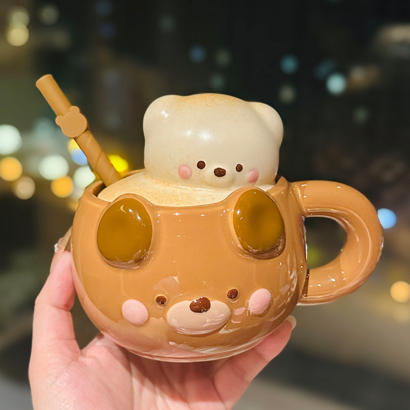 卡通熊崽贴贴杯带盖家用陶瓷早餐牛奶燕麦杯可爱小熊吸管杯伴手礼|undefined