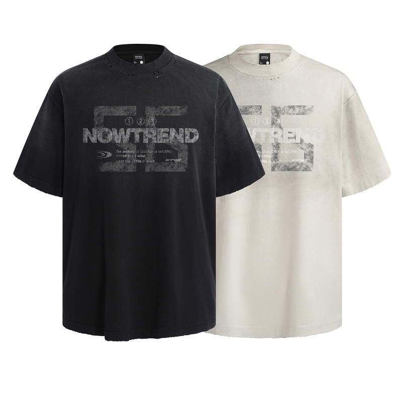 アメリカの街頭アルファベットプリント半噴破洗半袖tシャツ男性夏ゆるいカップル半袖上着|undefined