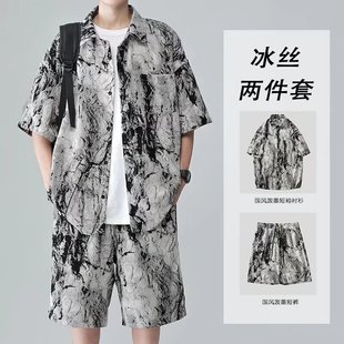 Suit men's summer trendy ice silk T-shirt men's flower suit casual loose short sleeve shorts two-piece suit men's New