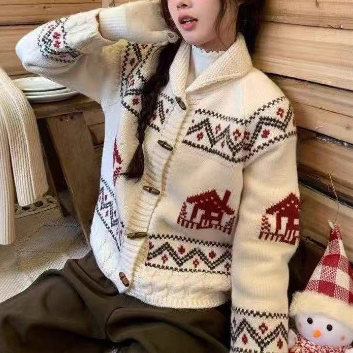 韩版秋冬新款羊驼绒针织提花毛衣女外套文艺复古风牛角扣翻领开衫|undefined
