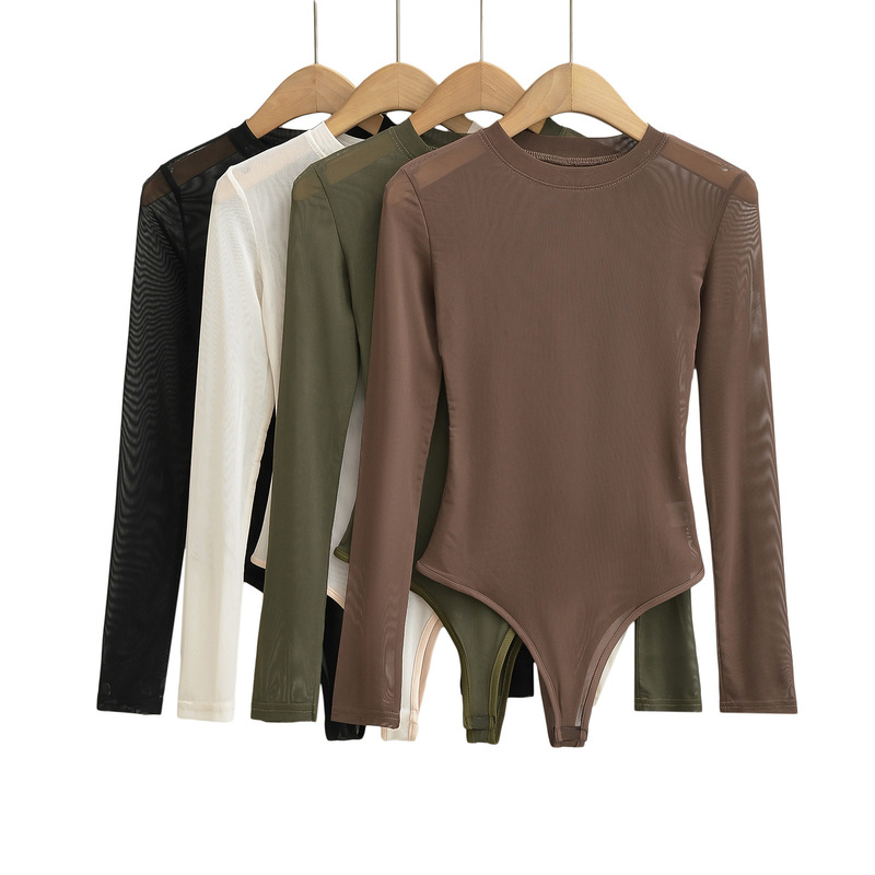 2025 Summer New Mesh See-Through Sexy Hot Girl Small Round Neck Long Sleeve Slim Bodysuit Wholesale