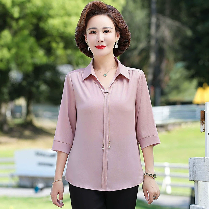 Летняя новая мама наряд с отворотом сплошного цвета рубашка с короткими рукавами