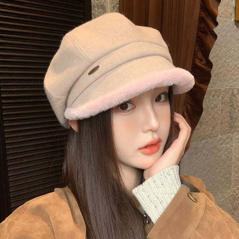 英伦风秋冬复古毛边八角帽女百搭显脸小贝雷帽韩版休闲保暖画家帽|undefined