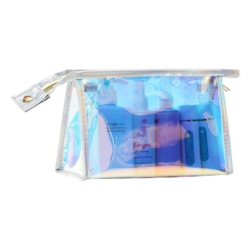 Bolsa de cosméticos de láser transparente para mujer portátil simple viaje impermeable color mágico bolsa de almacenamiento de cosméticos de PVC impresa LOGO