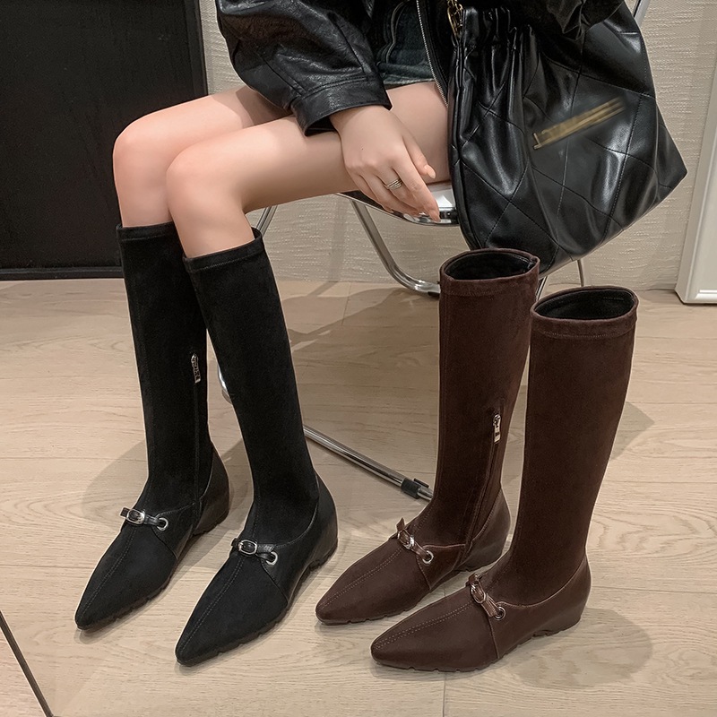 Elegant elastic brown fashionable universal high boots pointed-toe…