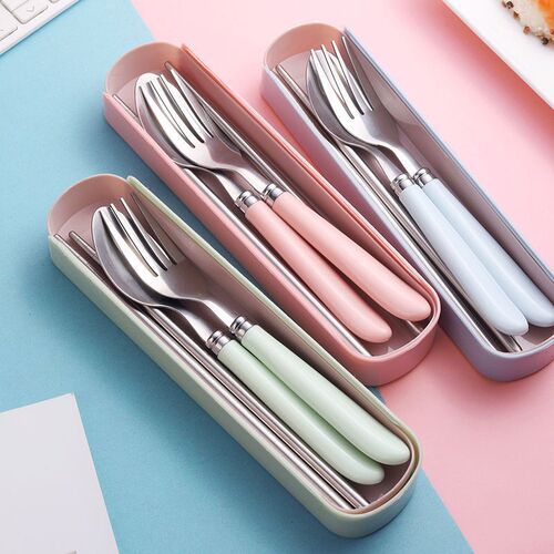 Portable tableware set stainless steel spoon chopsticks fork household student children minimalist cutlery three-piece set