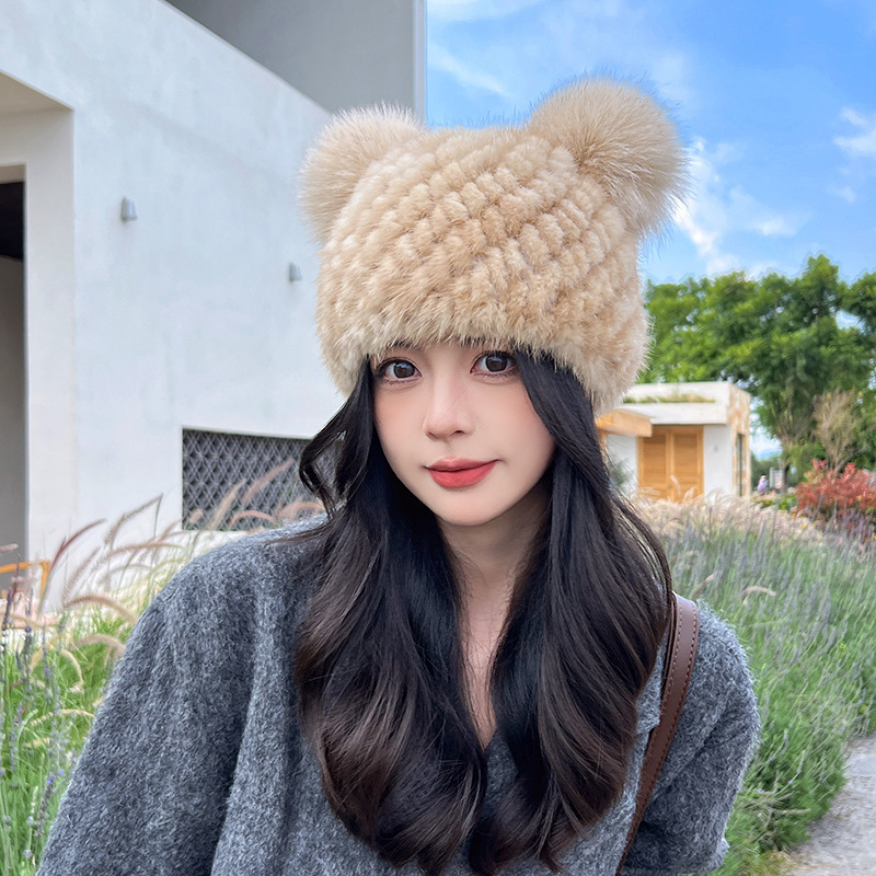 캐주얼 귀여운 밍크 모피 땋은 모피 모자 겨울 따뜻한 여우 모피 볼 볼 귀 보호 부모-자식 리얼 모피 모자