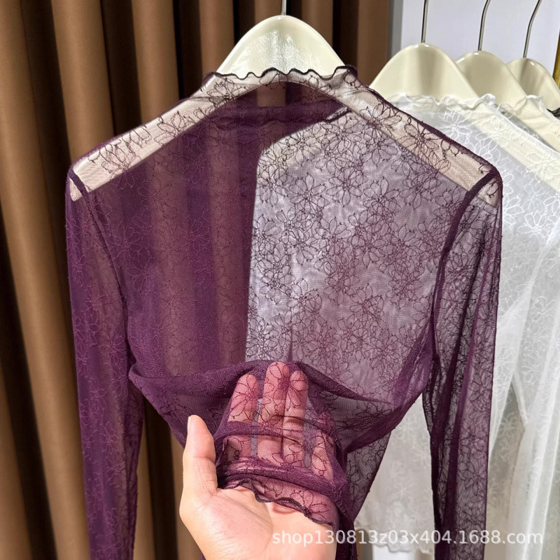 See-Through Half Turtleneck Lace Inner Shirt for Women Spring & Fall 2025 New Style Ear-Shaped Mesh Bottoming Shirt Sexy Long Sleeves