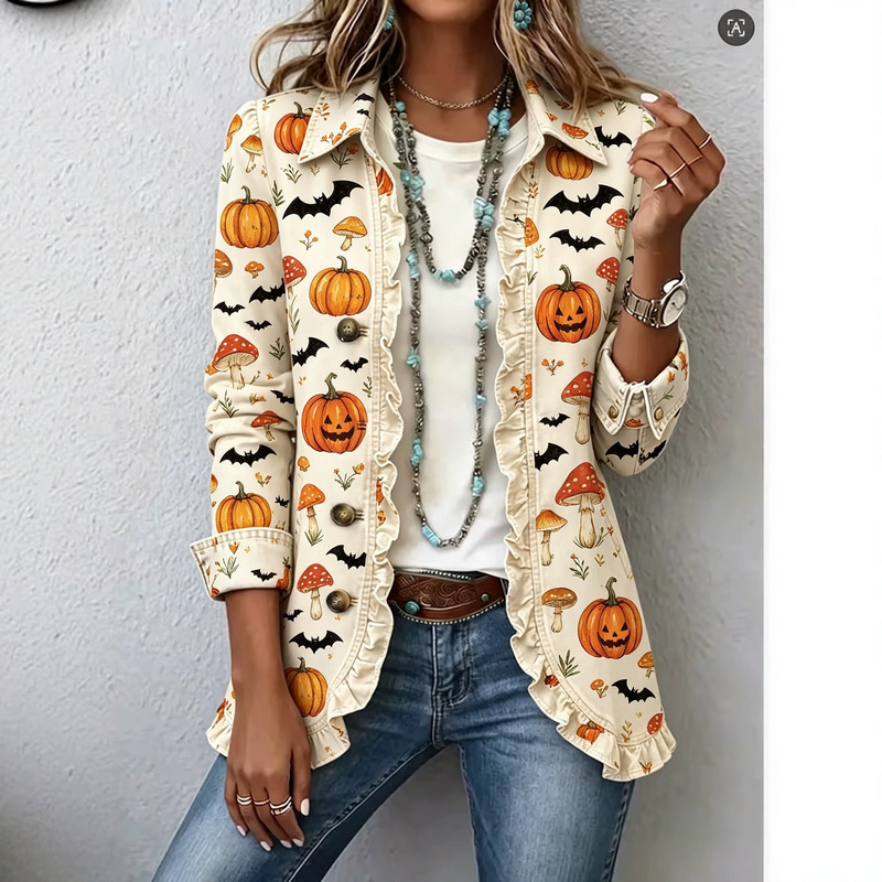 Cross-border new European and American Amazon Halloween women's casual ruffled collar shirt jacket small blazer Cross-border new European and American Amazon Halloween women's casual ruffled collar shirt jacket small blazer