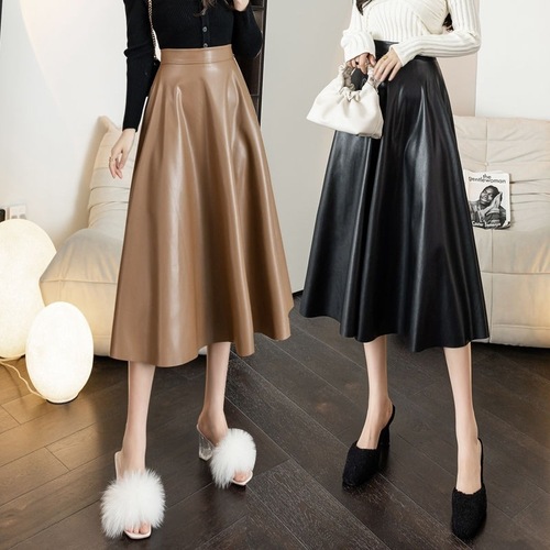 Pure Color PU Skirt Women's 2024 New Fall Winter High-Waist Slimming Elegant Medium-Length Full-Skirt A-Line Dress