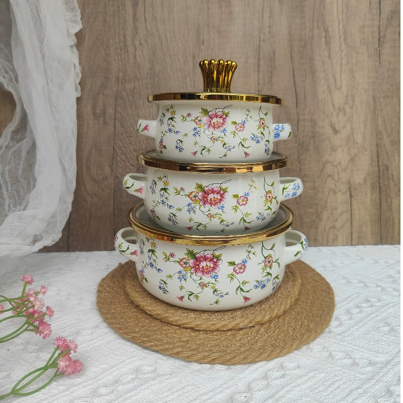 Thickened three-piece set of enamel enamel pot double-ear soup pot boiling pot instant noodles bowl small hot pot lard bowl household soup bowl
