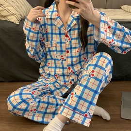 直播新款ins睡衣女仿棉开衫小翻领春秋长袖两件套甜美学生家居服