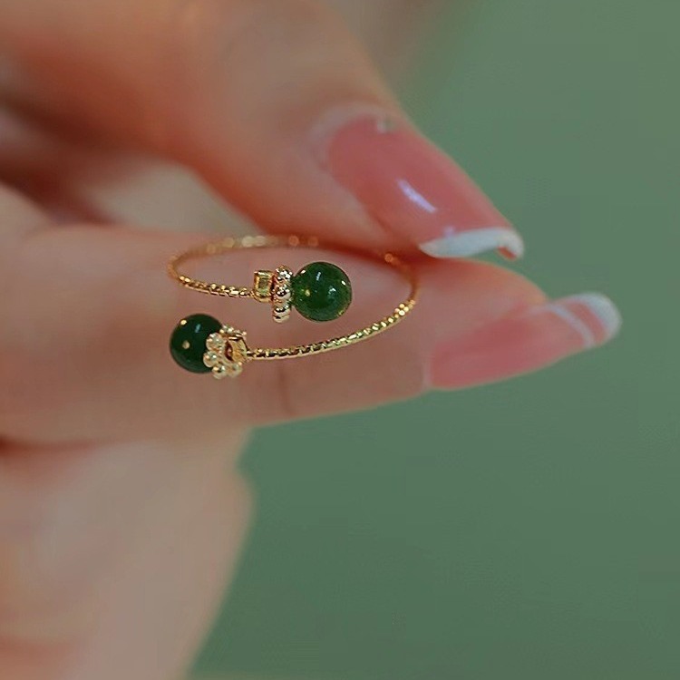 Anello aperto minimalista retrò in oro smeraldo e giada hetian_voghion.com