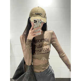春季甜辣妹透视网纱长袖t恤女设计感字母印花修身显瘦时尚上衣服