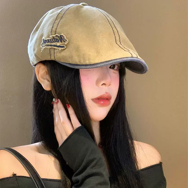 水洗牛仔前进帽女日系复古显脸小反戴贝雷帽百搭大头围画家帽子潮
