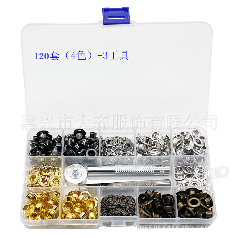 Latón transfronterizo 120 juegos de agujeros de aire en caja 4 colores + herramientas de instalación hebilla de zapato reparación exterior 12 diámetro interior 6mm callos