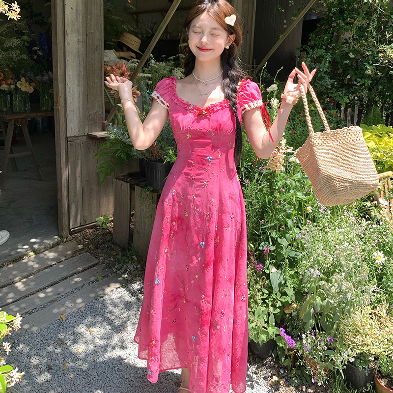 Acaine ローズレッド絞り染め刺繍ロングスクエアカラーパフスリーブウエストサスペンダードレスレディースサマーフレンチスカート|undefined