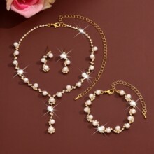 跨境新款精致爪链项链耳环手链套装三件套珍珠锁骨链晚宴礼服配饰