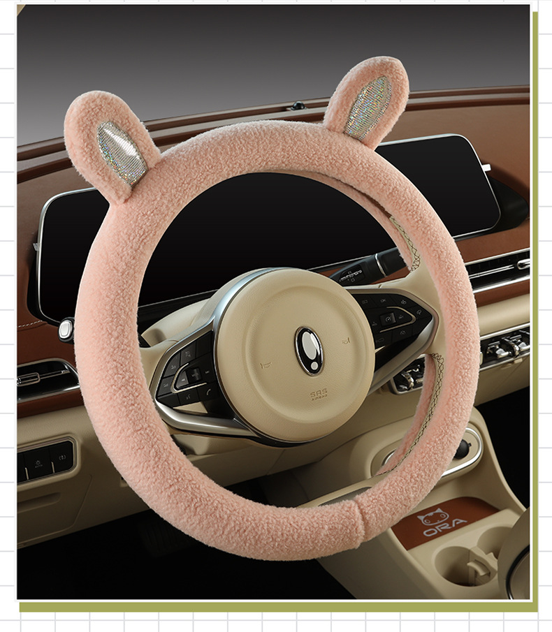 Plush steering wheel cover winter teddy velvet D-type cute cartoon car interior decoration girl protective cover warm handle cover