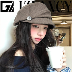 新款秋冬日韩系小众设计纽扣针织八角帽束口调节纯色文艺显脸小画