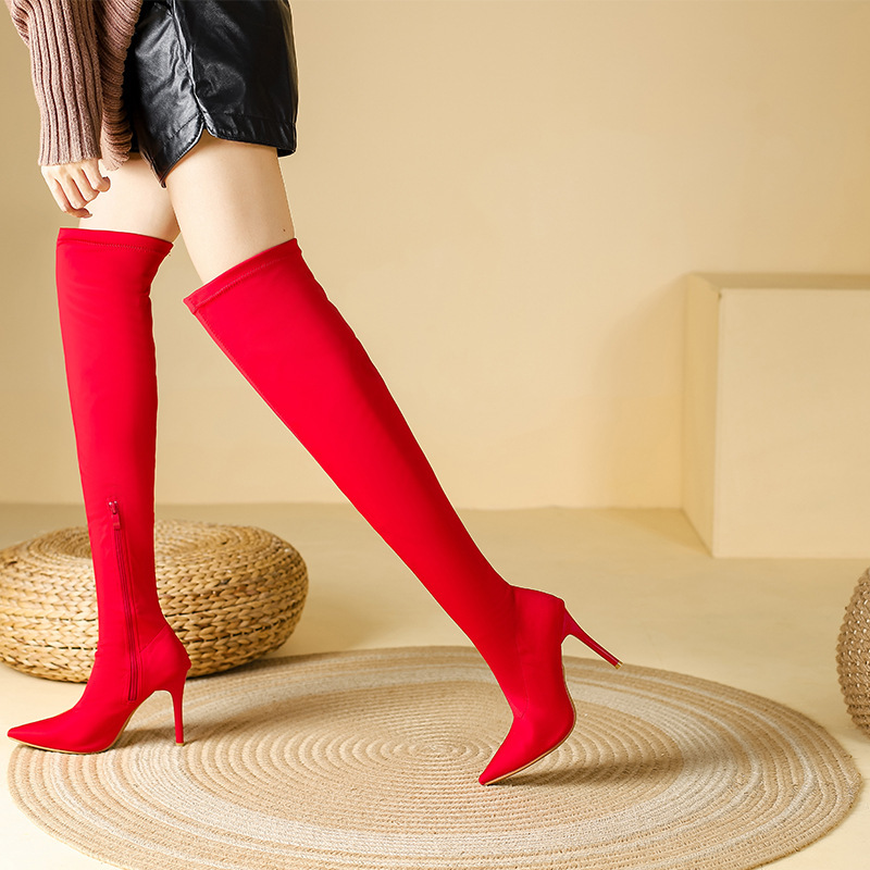 Autumn and Winter New Women's High Boots Pointed Thin Heel Super High Heel Over-the-Knee Long Boots Red Side Zipper Thigh Women's Boots