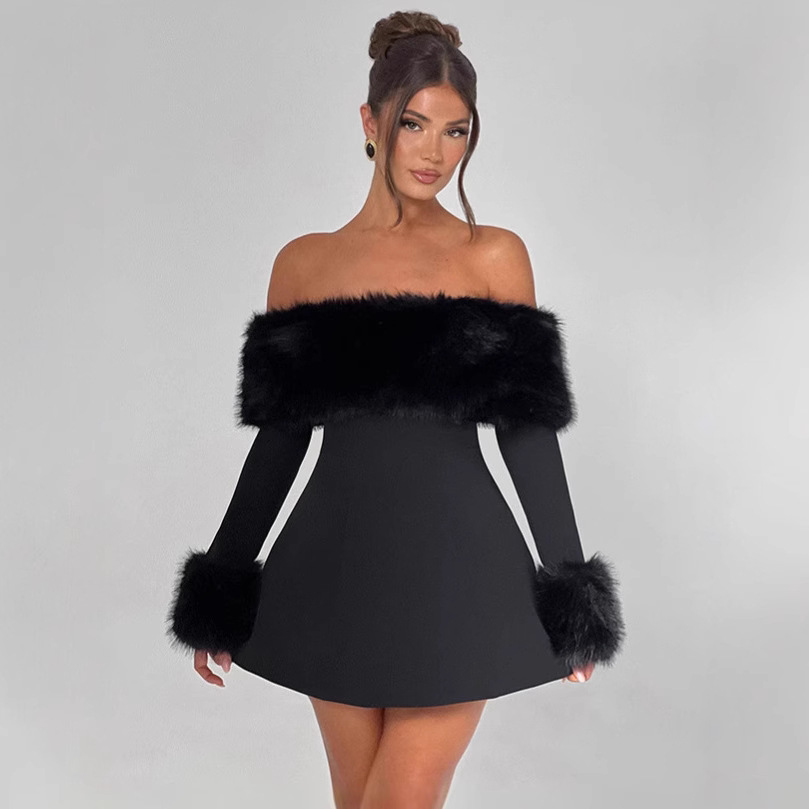 Europa y los Estados Unidos 2024 otoño y invierno nueva moda de mujer transfronteriza temperamento de moda sexy cuello de pelo hombro delgado vestido en forma de A