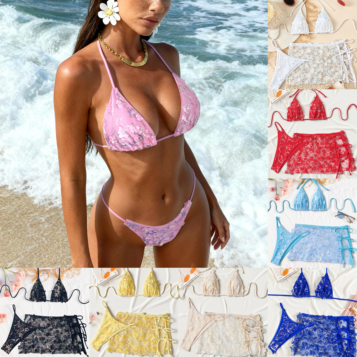 Chanshuang New Bikini Three-Piece Swimsuit Sequined Swimsuit Women's Strappy Swimsuit Multi-Piece Bikini6802