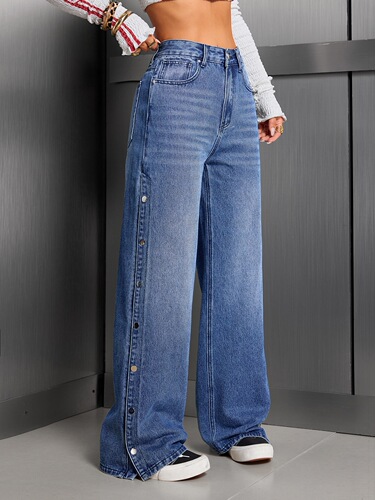 2025 New Arrival: European and American Cross-Border Women's Clothing—High-Waisted, Loose-Fit, Buttoned, Design-Details Straight-Leg Jeans